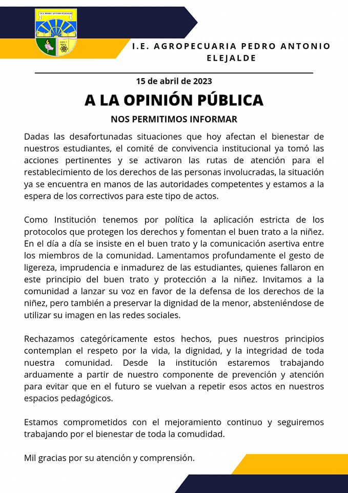 Estudiantes que le hicieron bullying a menor, piden disculpas y dicen estar amenazadas 1 comunicado colegio