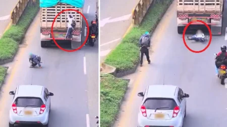 Mujer-aparentemente-embarazada-se-lanza-de-camion-en-movimiento-en-la-Avenida-Regional.
