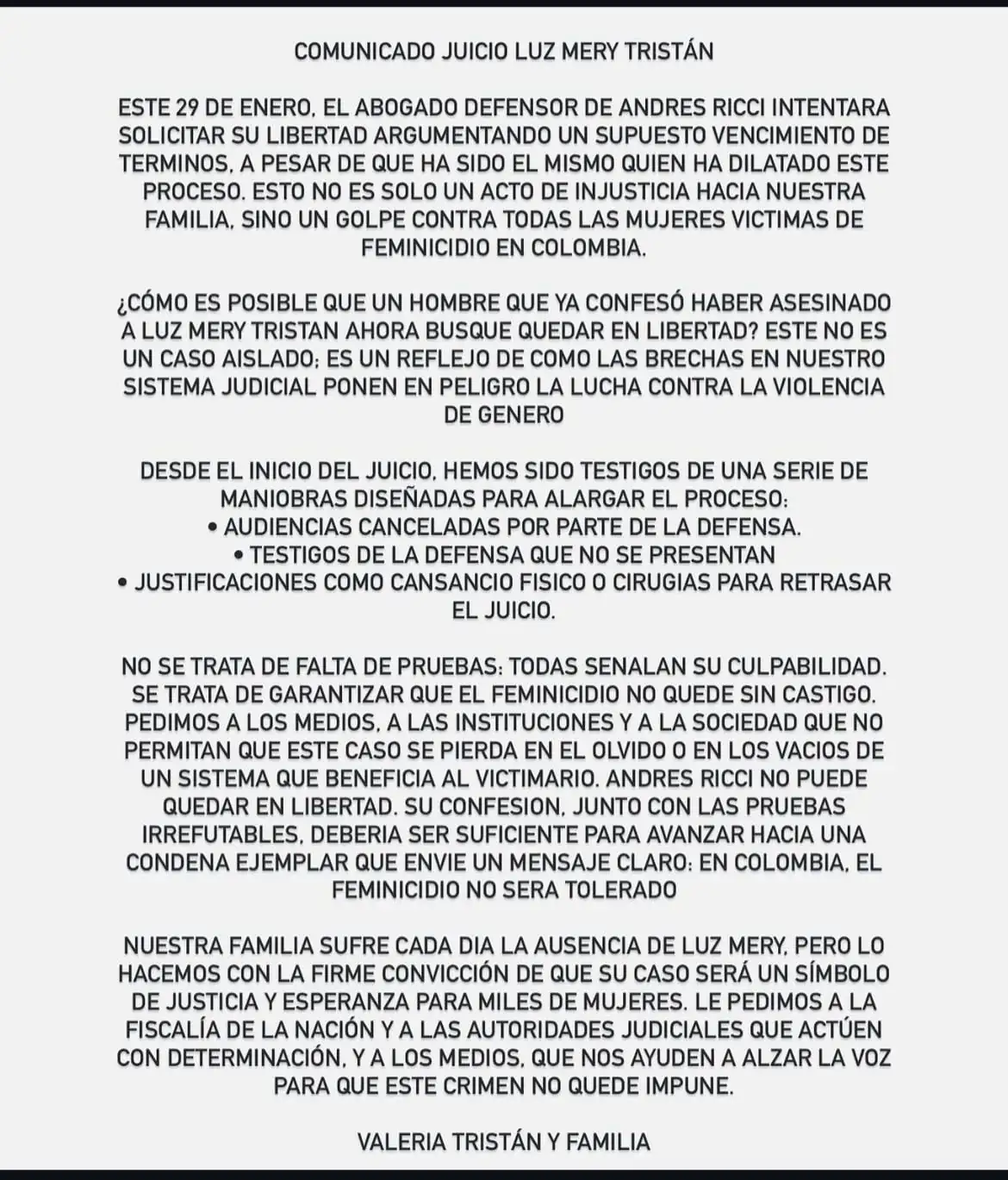 ¡Indignante! Presunto feminicida de Luz Mery Tristán podría quedar en libertad por vencimiento de términos 1 Comunicado-juicio