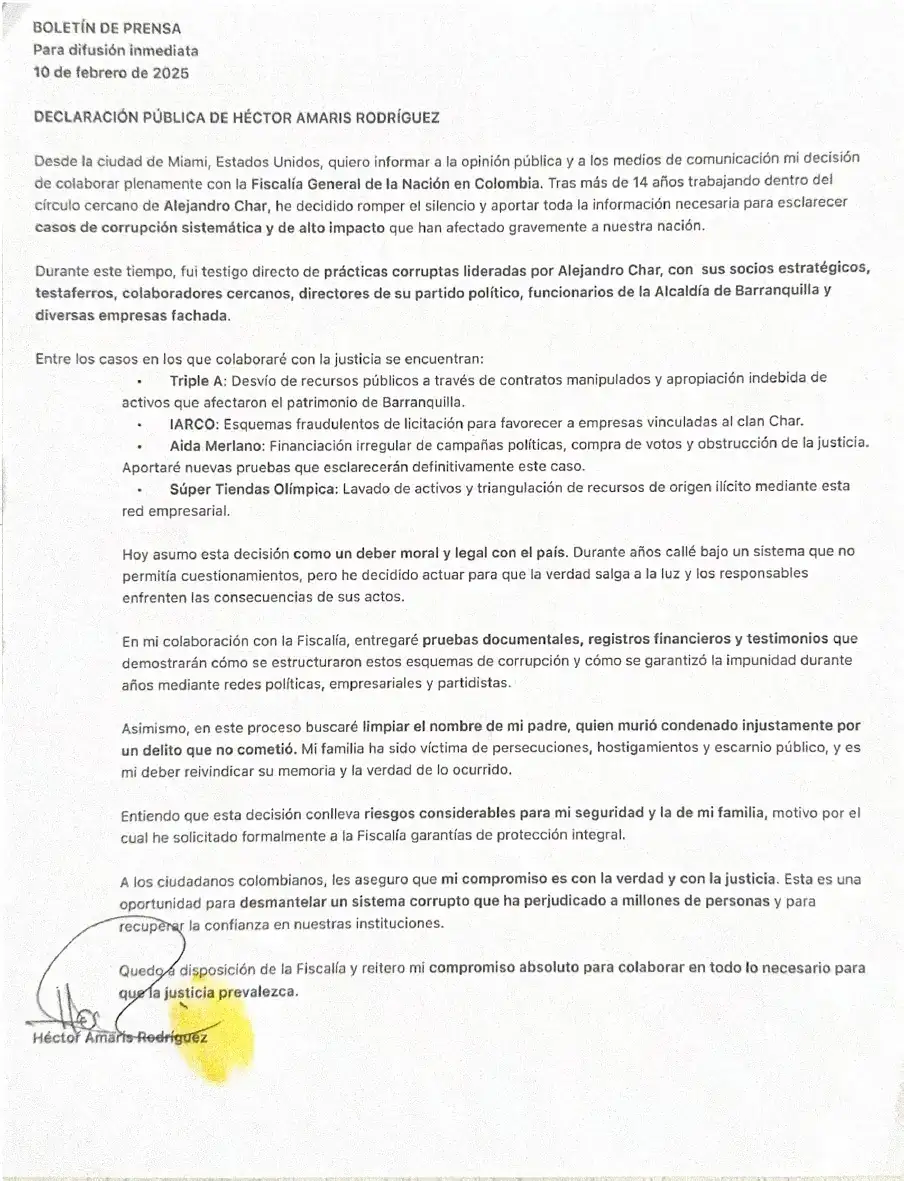 “El Oso Yogui” apareció y revelará a la Fiscalía pruebas de corrupción que vinculan a Alex Char 1 Comunicado-Oso-Yogui-Char