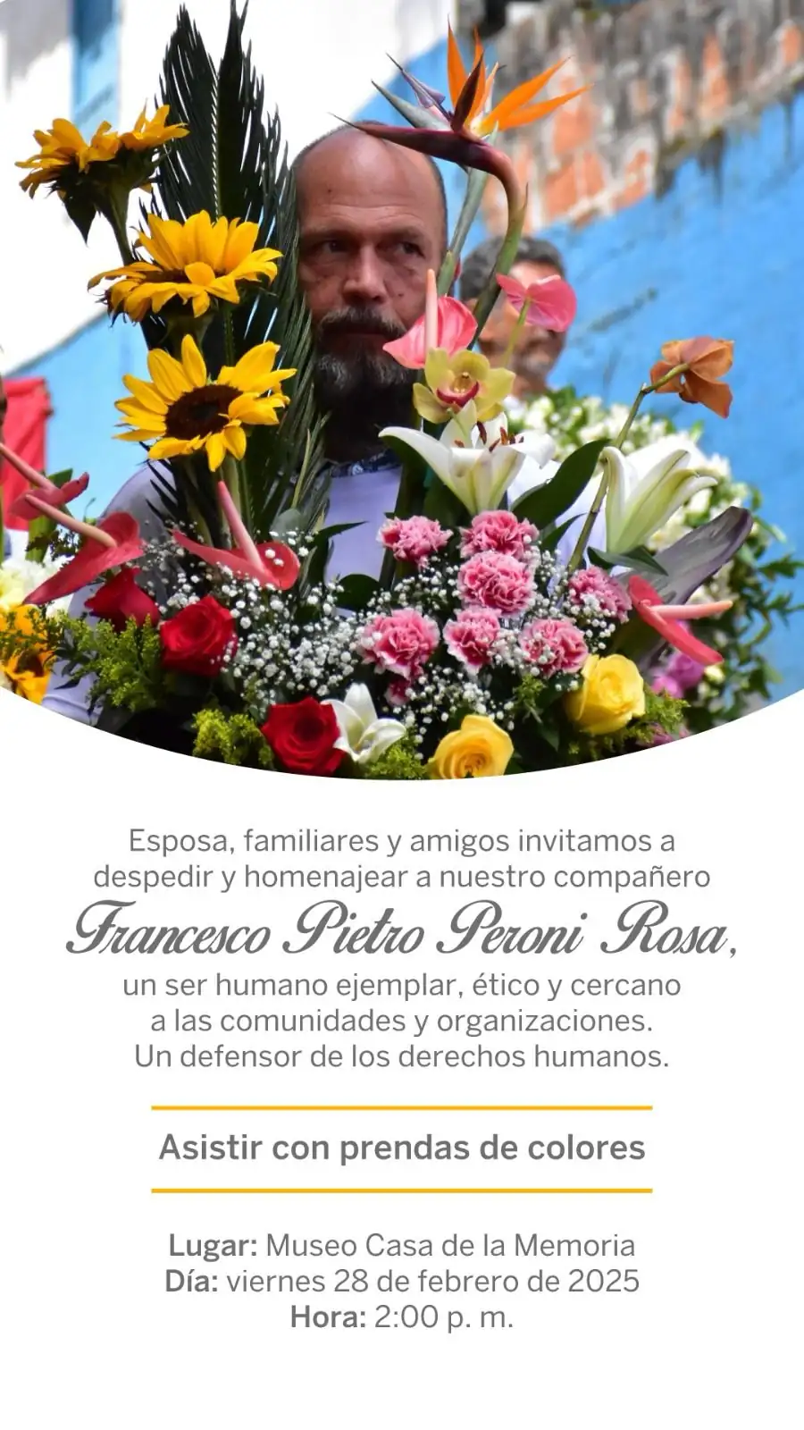 Falleció el líder Francesco Peroni, será recordado en Antioquia por su lucha incansable por los derechos humanos