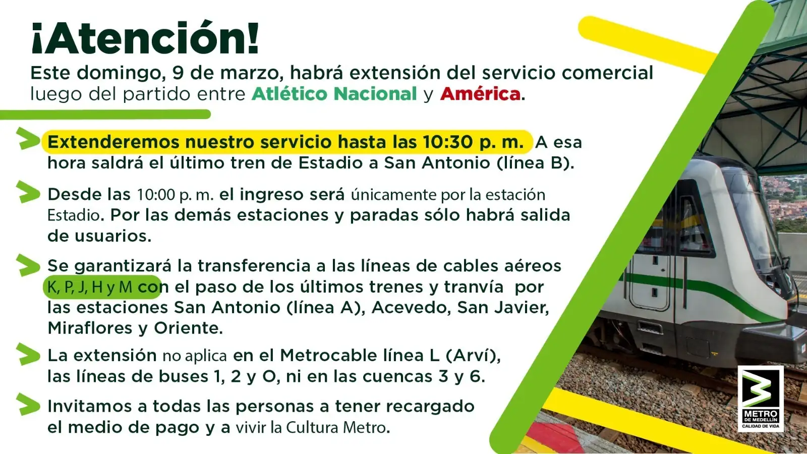 Metro de Medellín ampliará su horario este domingo tras el partido entre Atlético Nacional y América 