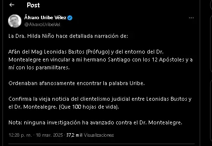 Expresidente Uribe habla sobre el testimonio de la exfiscal Hilda Niño acerca de presuntos montajes de la Fiscalía en su contra 1 Expresidente Álvaro Uribe habla sobre el testimonio de la exfiscal Hilda Niño acerca de presuntos montajes de la Fiscalía en su contra