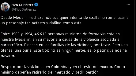 “Deberían retirarlo del mercado”: alcalde Federico Gutiérrez sobre venta de vodka con el nombre de Pablo Escobar 1 Federico Gutiérrez rechaza la comercialización del vodka Pablo Escobar
