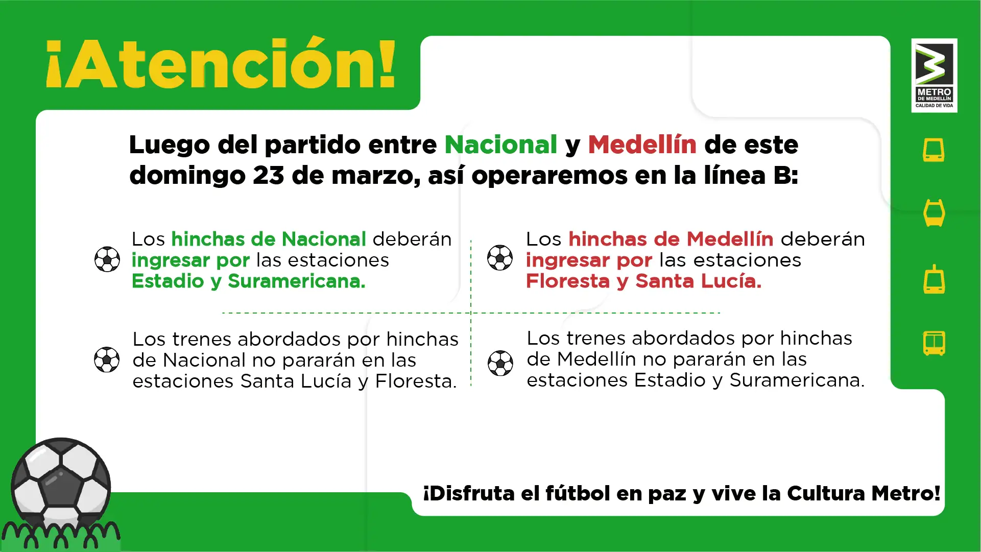 Atención hinchas: el Metro de Medellín anuncia cambios para el clásico paisa