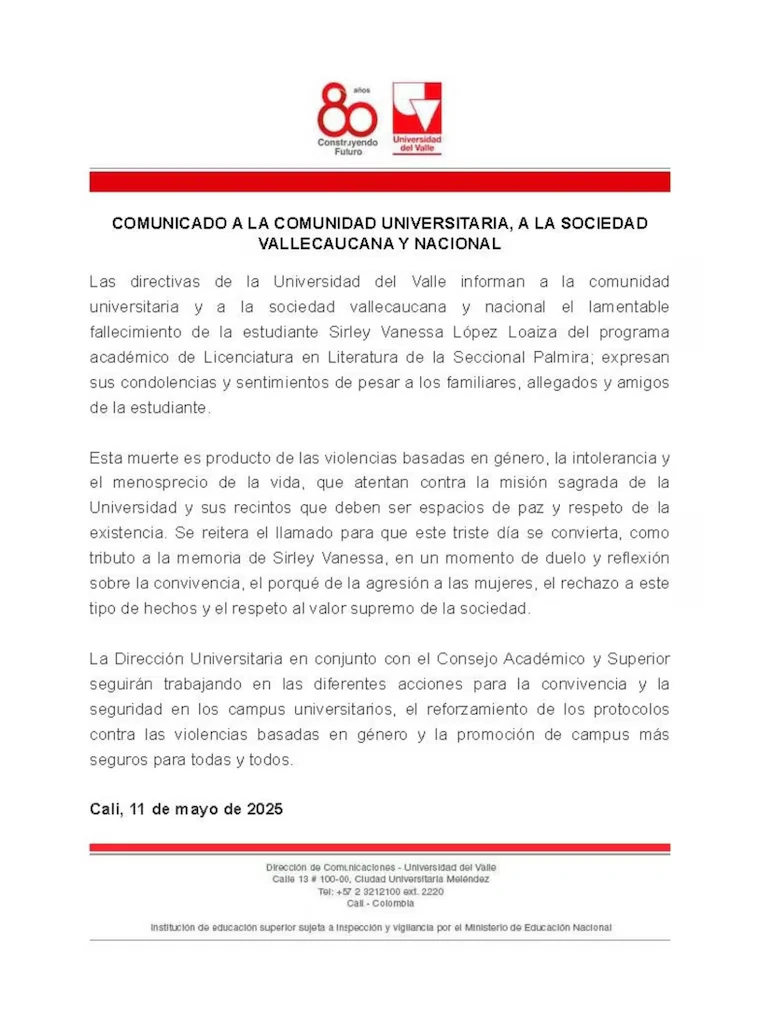 ¡Estaba terminando su carrera! Falleció uno de las jóvenes atacadas a tiros por un hombre en plena universidad 1 Comunicado-UniValle