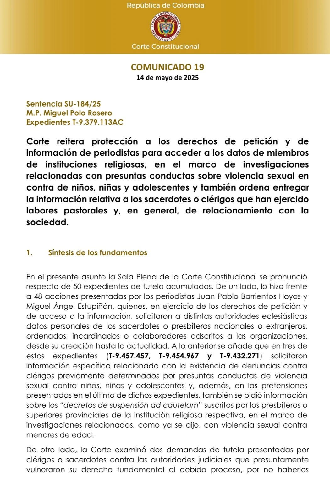 ¡Histórico! Corte ordena a la iglesia católica entregar información sobre casos de pederastia 1 Fallo-Corte-iglesia
