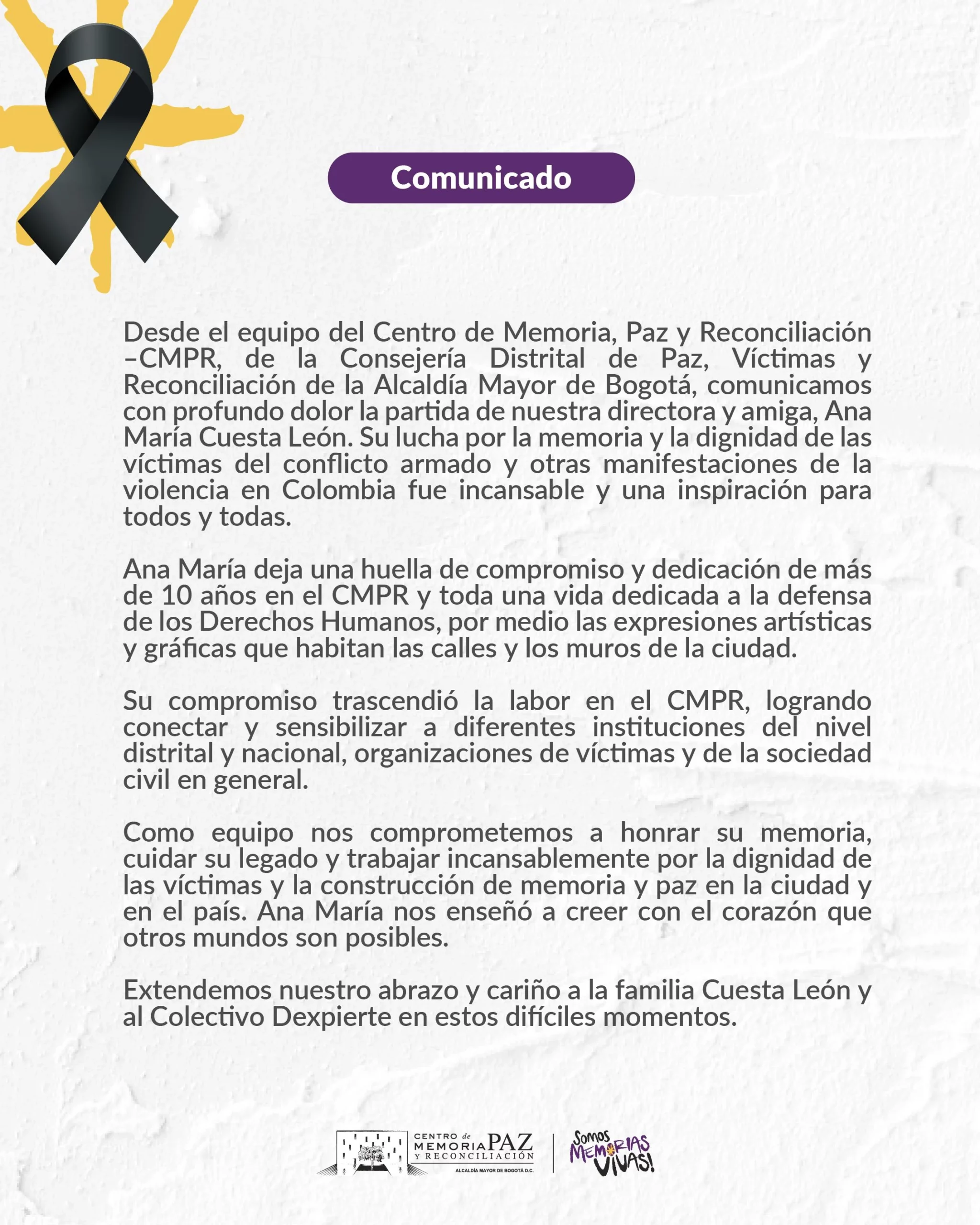 Falleció a los 39 años, Ana María Cuesta, directora del Centro de Memoria, Paz y Reconciliación 1 Comunicado-directora-muerte