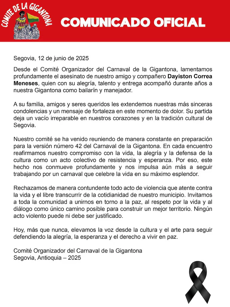 Reconocido líder social de Segovia fue asesinado: su cuerpo fue hallado con signos de tortura 2 Comunicado-líder