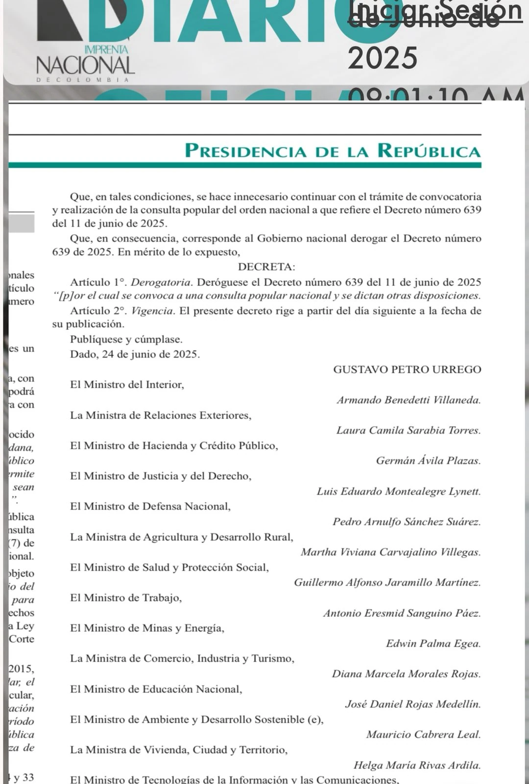 ¡Es oficial! Gustavo Petro cumple y deroga decreto de consulta popular 2 Decreto deroga