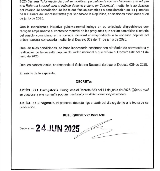 ¡Es oficial! Gustavo Petro cumple y deroga decreto de consulta popular 1 Deroga-decreto