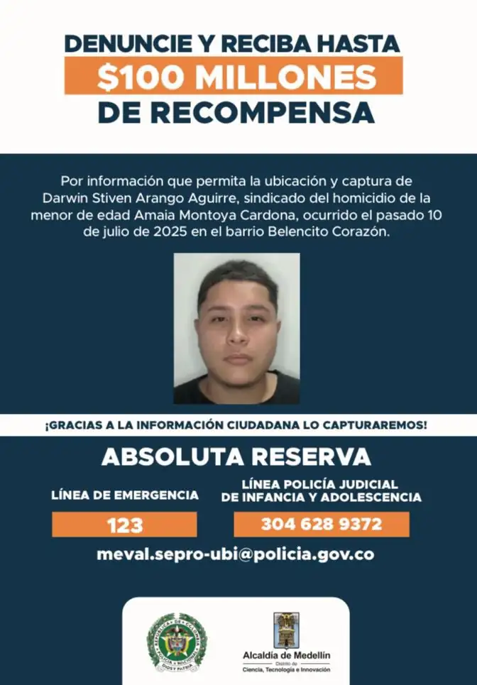 Ofrecen hasta $100 millones por información sobre presunto responsable de la muerte de una bebé en Medellín