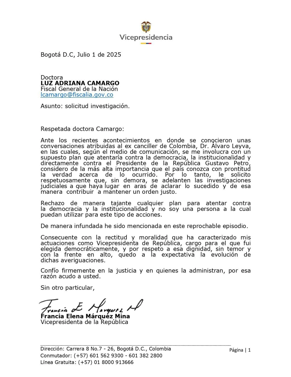 “No soy instrumento de nadie”: Francia Márquez pide a la Fiscalía investigar audios de Álvaro Leyva 1 Carta-