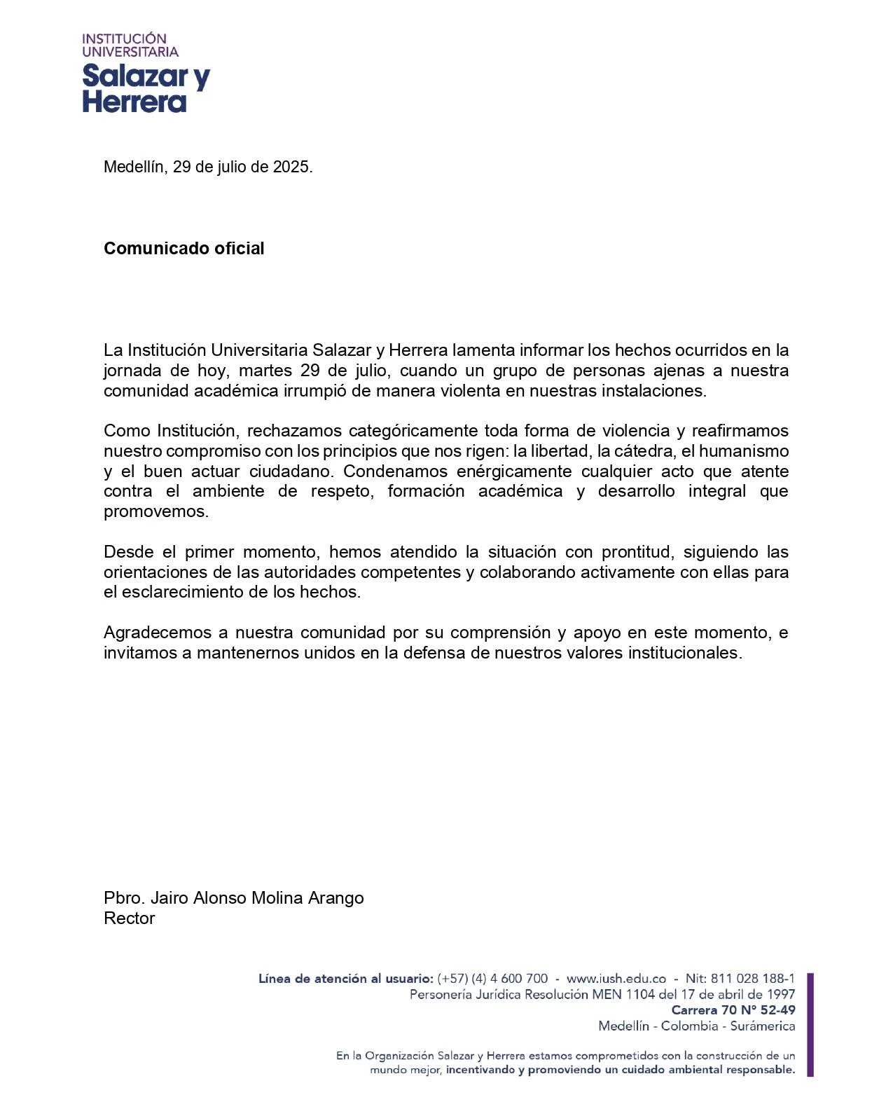 ¡Eh kiay! Pelea entre hinchas de Nacional y el Cúcuta terminó al interior de la Universidad Salazar y Herrera 1 Comunicado-Salazar-y-Herrera