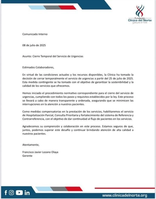 Clínica del Norte anuncia el cierre temporal del servicio de urgencias 1 Comunicado-clinica