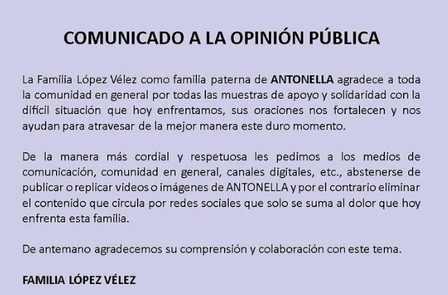 La mujer señalada de asesinar a su hija no aceptó los cargos 1 Comunicado-familia-paterna-menor