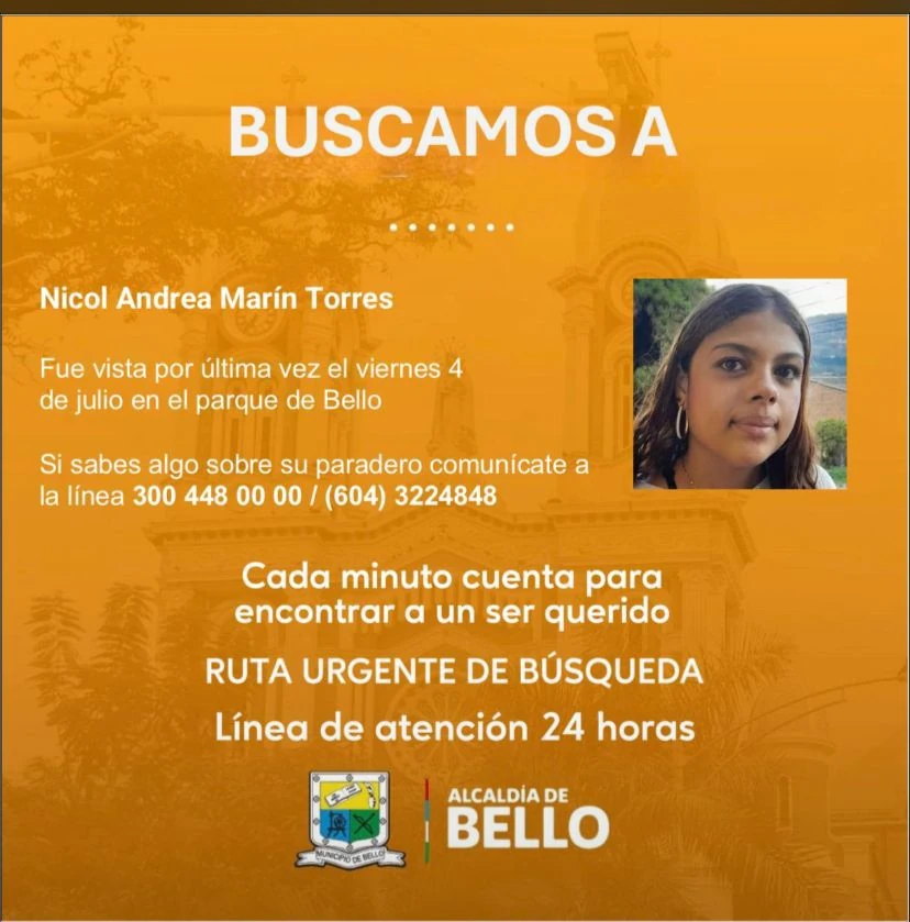 ¡Su familia está desesperada! Nicol Andrea Marín de 15 años, fue reportada como desaparecida en Bello 1 Menor 15 anos