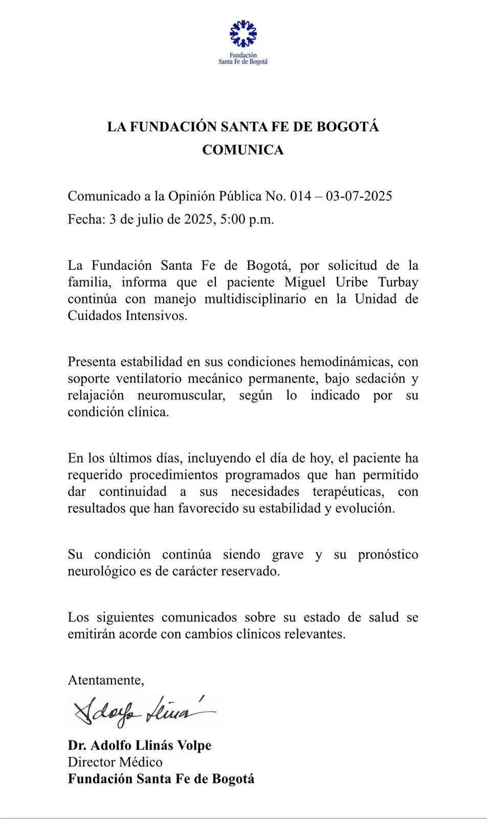 Miguel Uribe sigue en cuidados intensivos; médicos afirman que "su condición continúa siendo grave" 1 Miguel Uribe sigue en cuidados intensivos; médicos afirman que "su condición continúa siendo grave"