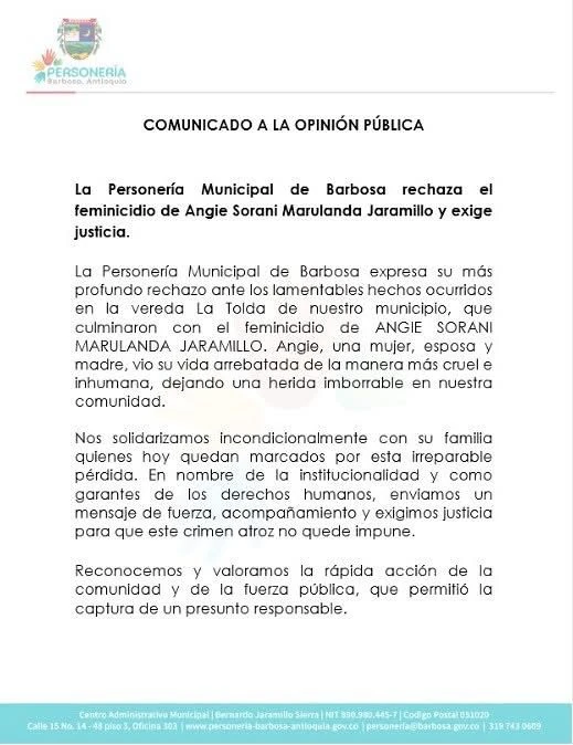 ¡Exigen justicia! Ella era Anyi, la joven madre de 22 años que fue asesinada Barbosa 2 Personeria Barbosa 1