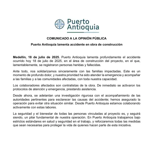 Puerto Antioquia se pronuncia tras accidente que dejó dos trabajadores sin vida y uno más gravemente herido en zona de obras 1 Puerto Antioquia se pronuncia tras accidente que dejó dos trabajadores sin vida y uno más gravemente herido en zona de obras