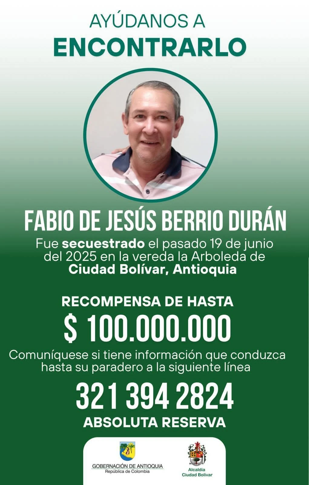 Ofrecen recompensa de hasta $100 millones por Fabio Berrio, caficultor secuestrado en Ciudad Bolívar 1 panfleto-Ciudad-Bolívar
