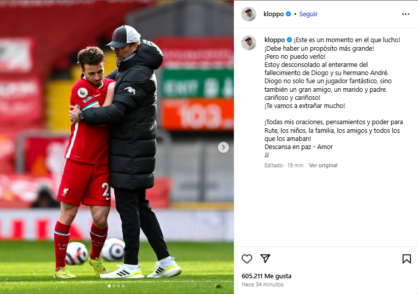 “Descansa en paz, Diogo”: fanáticos del Liverpool le rinden homenaje a Jota y figuras a nivel mundial reaccionan 3 reaccion Klop